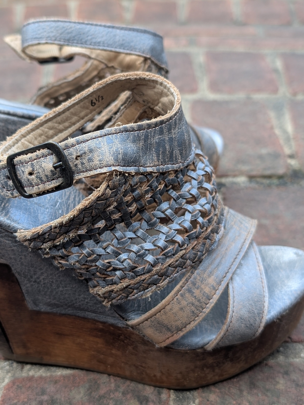 Bed Stu Distressed Blue-Gray Woven Leather Platform Wedge Sandals